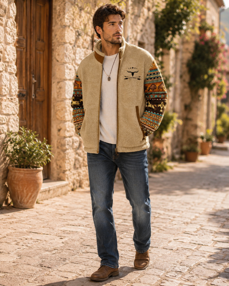 Wyatt Men's Fleece Jacket – Western Pattern Warm Zip Up Winter Coat
