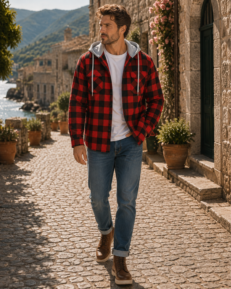 Lyle Men's Hooded Checked Shirt – Long Sleeve Button-Up Plaid Overshirt