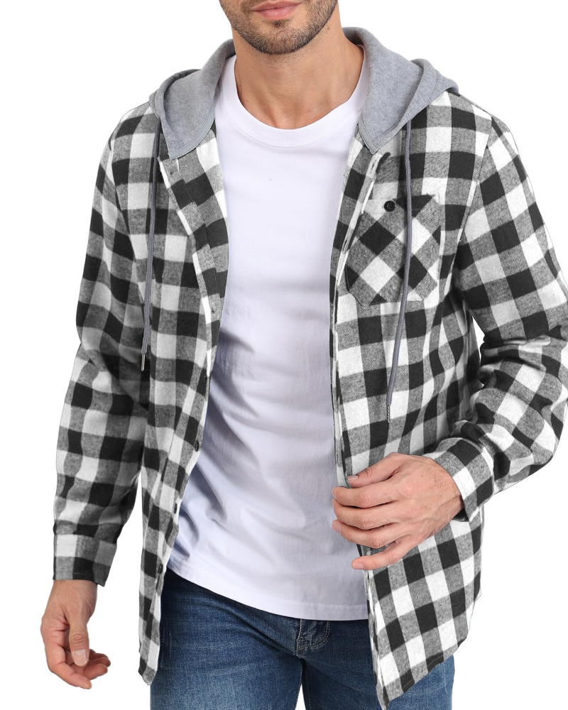 Asher Men's Hooded Checked Shirt – Long Sleeve Button-Up Plaid Casual Overshirt