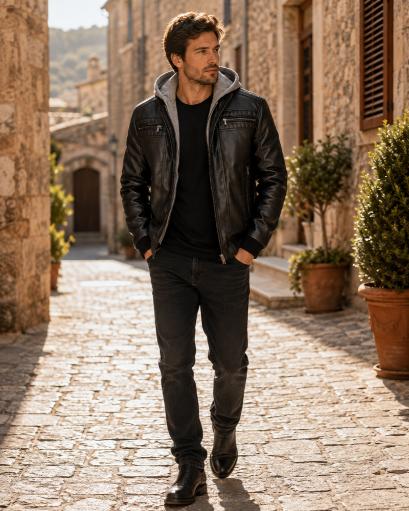 Miles Men's Leather Biker Jacket – Genuine Leather Hooded Retro Motorcycle Coat