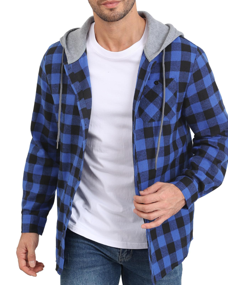 Asher Men's Hooded Checked Shirt – Long Sleeve Button-Up Plaid Casual Overshirt