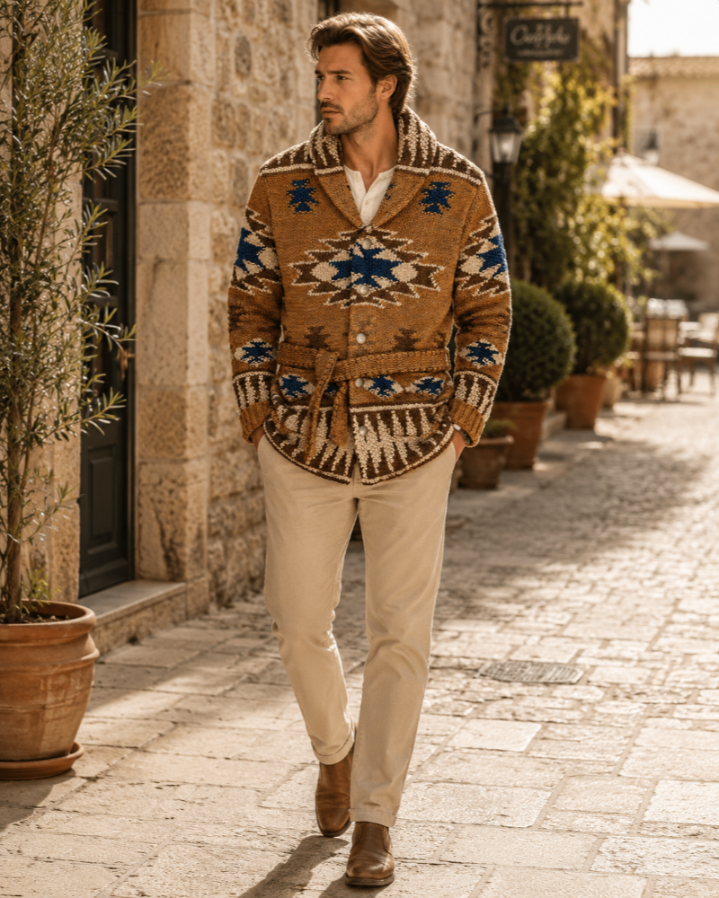 Tristan Men's Jacquard Cardigan – Western Knit Button Up Smart Casual Sweater