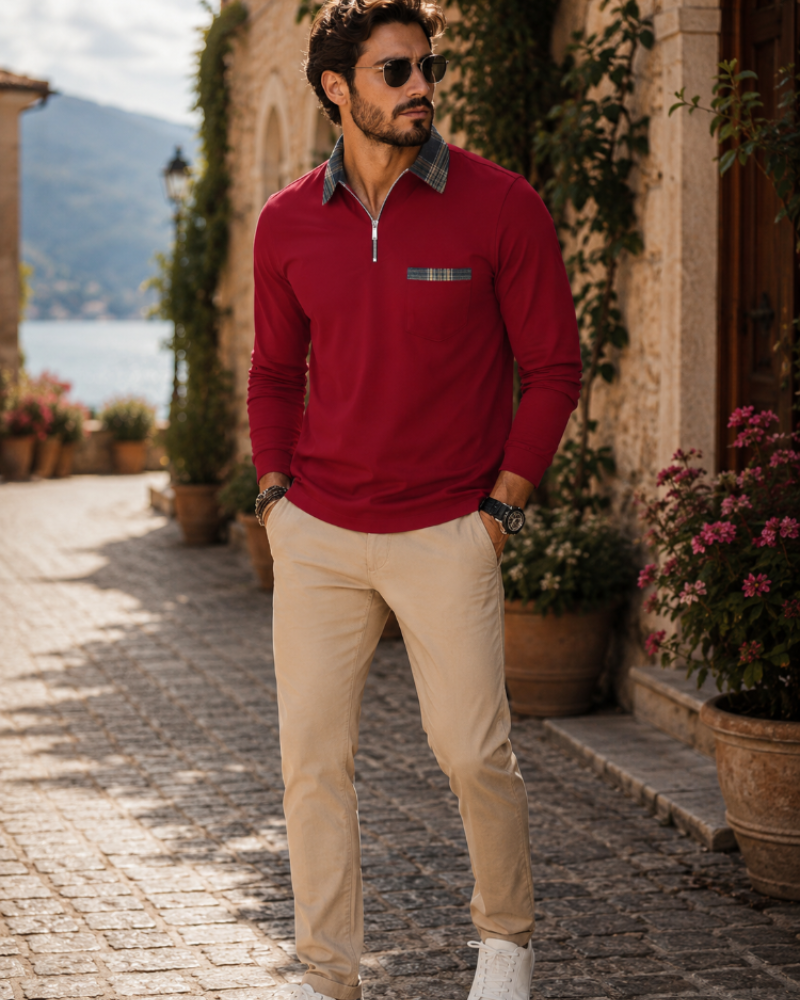 Simon Men's Long Sleeve Polo Shirt – Quarter Zip Checked Smart Casual Top