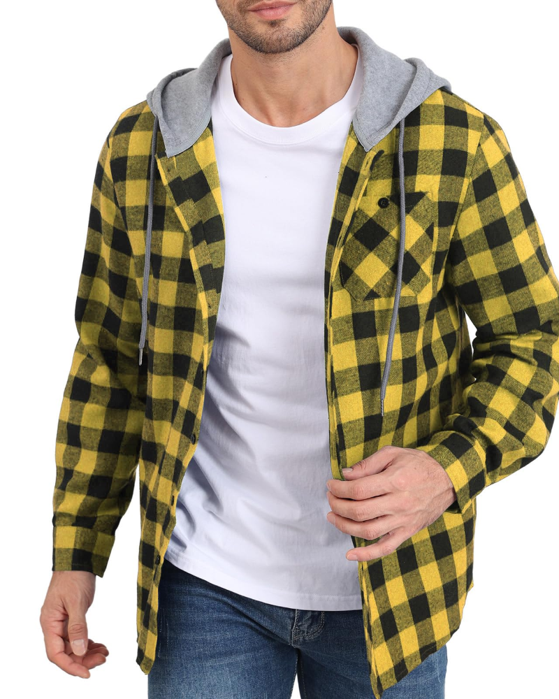 Asher Men's Hooded Checked Shirt – Long Sleeve Button-Up Plaid Casual Overshirt