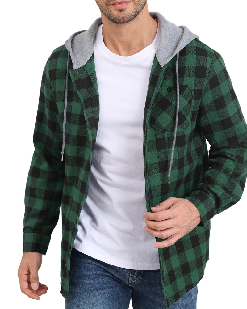 Asher Men's Hooded Checked Shirt – Long Sleeve Button-Up Plaid Casual Overshirt