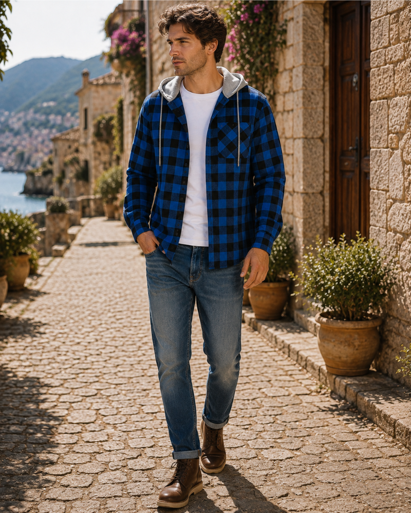 Asher Men's Hooded Checked Shirt – Long Sleeve Button-Up Plaid Casual Overshirt