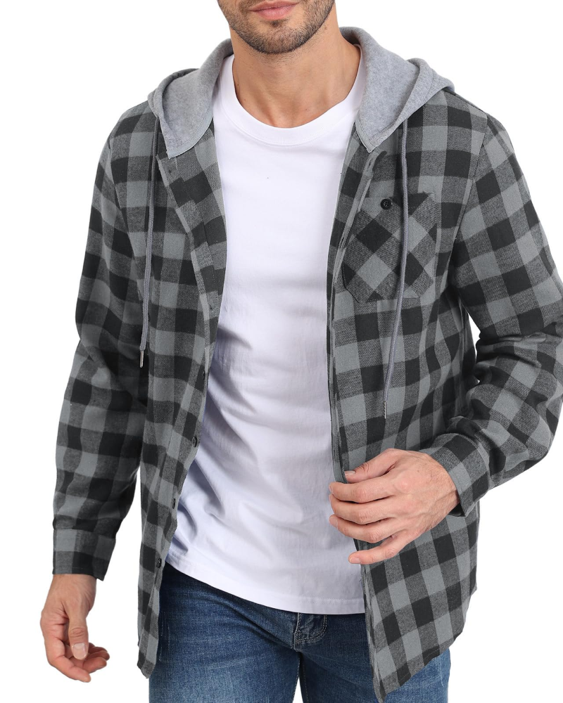 Asher Men's Hooded Checked Shirt – Long Sleeve Button-Up Plaid Casual Overshirt