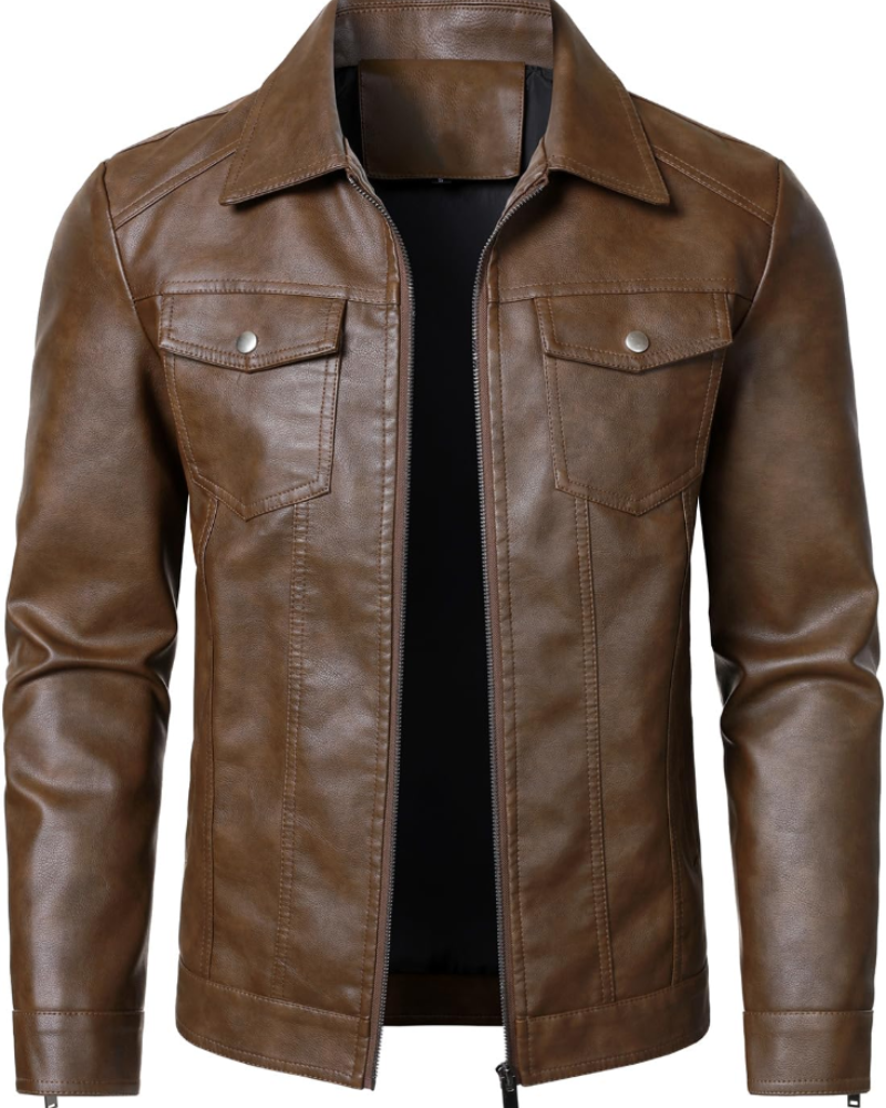 Rowan Men's PU Faux Leather Jacket – Casual Zip-Up Jacket with Turn-Down Collar