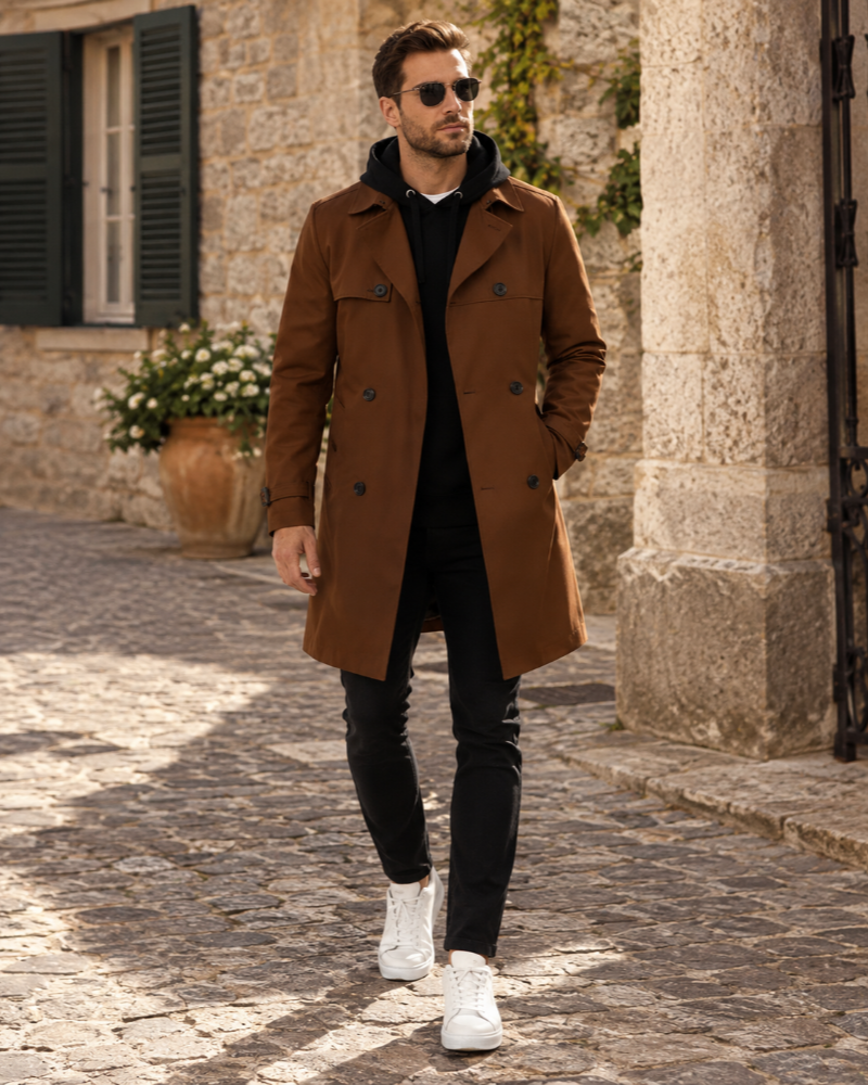 Edward Men's Trench Coat – Double Breasted Belted Smart Long Overcoat