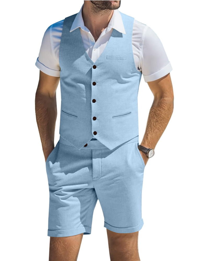 Alistair Men's Linen Blend Waistcoat & Shorts Set – V Neck Summer Suit