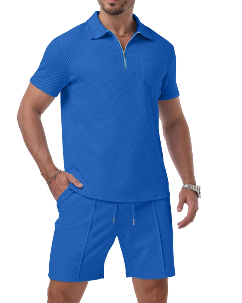 Spencer Men's Jacquard Polo & Shorts Set – Quarter Zip Casual Summer Co-Ord
