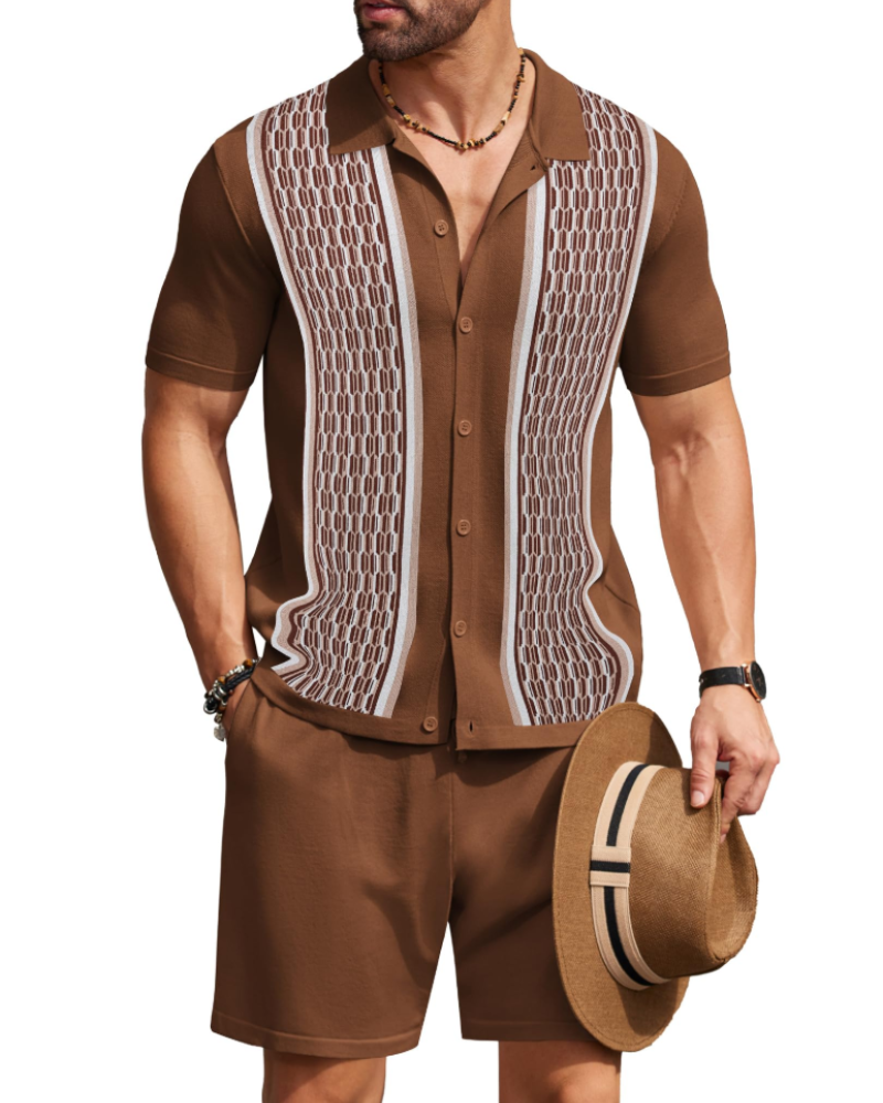 Euan Men's Knitted Shirt & Shorts Set – Textured Button Front Summer Co-Ord