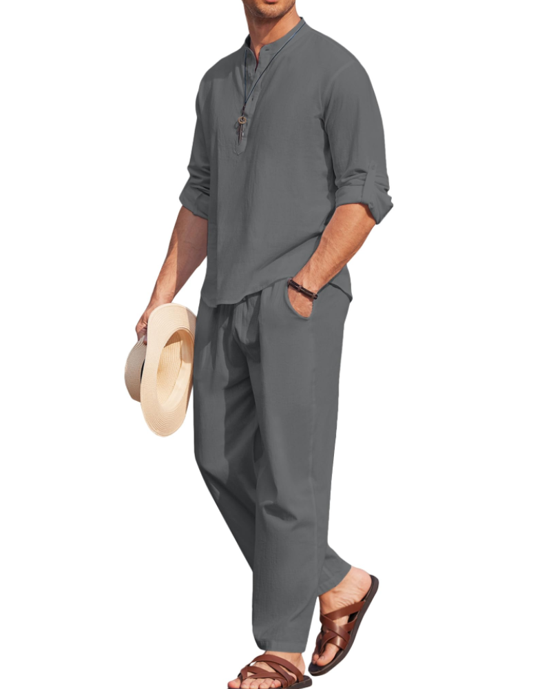 Owen Men's Henley Shirt & Trousers Set – Cotton Blend Casual Summer Co-Ord