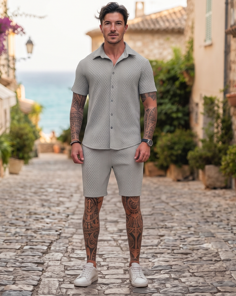 Dylan Men's Knit Shirt & Shorts Set – Textured Button-Up Summer Co-Ord