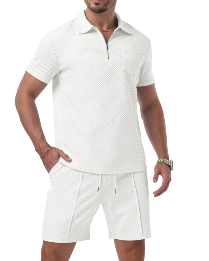 Spencer Men's Jacquard Polo & Shorts Set – Quarter Zip Casual Summer Co-Ord