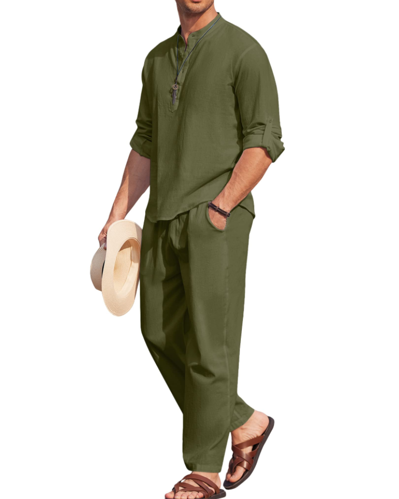 Owen Men's Henley Shirt & Trousers Set – Cotton Blend Casual Summer Co-Ord