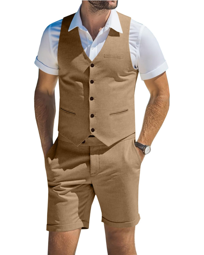 Alistair Men's Linen Blend Waistcoat & Shorts Set – V Neck Summer Suit
