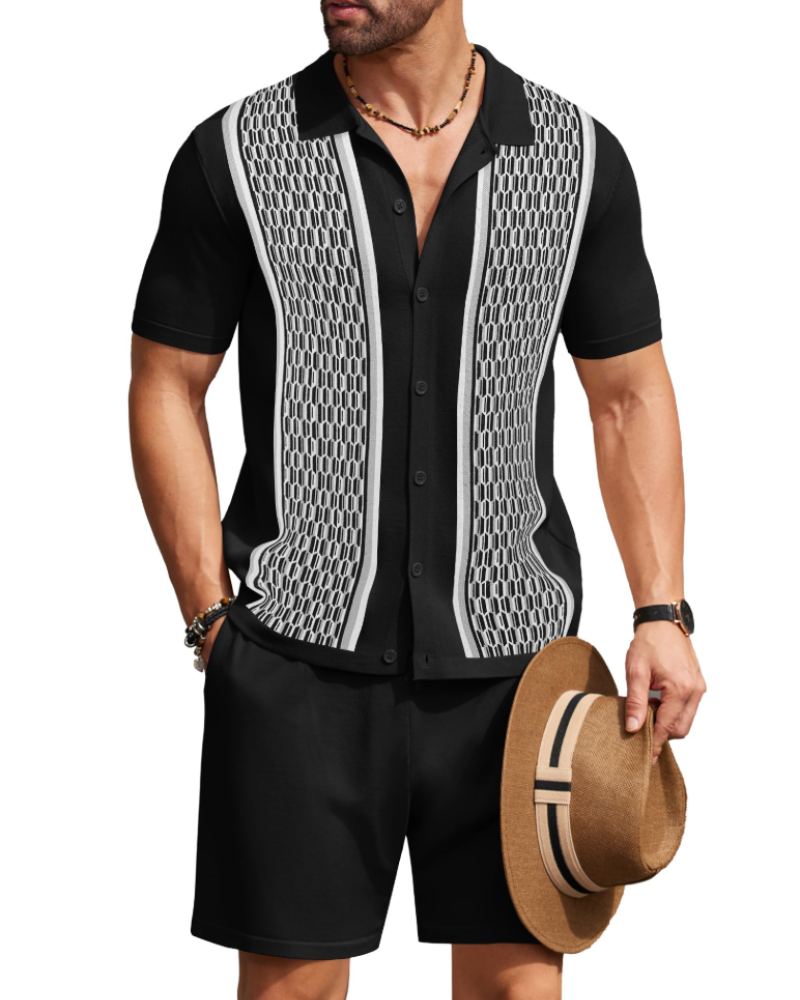 Euan Men's Knitted Shirt & Shorts Set – Textured Button Front Summer Co-Ord