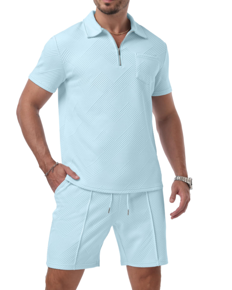 Spencer Men's Jacquard Polo & Shorts Set – Quarter Zip Casual Summer Co-Ord