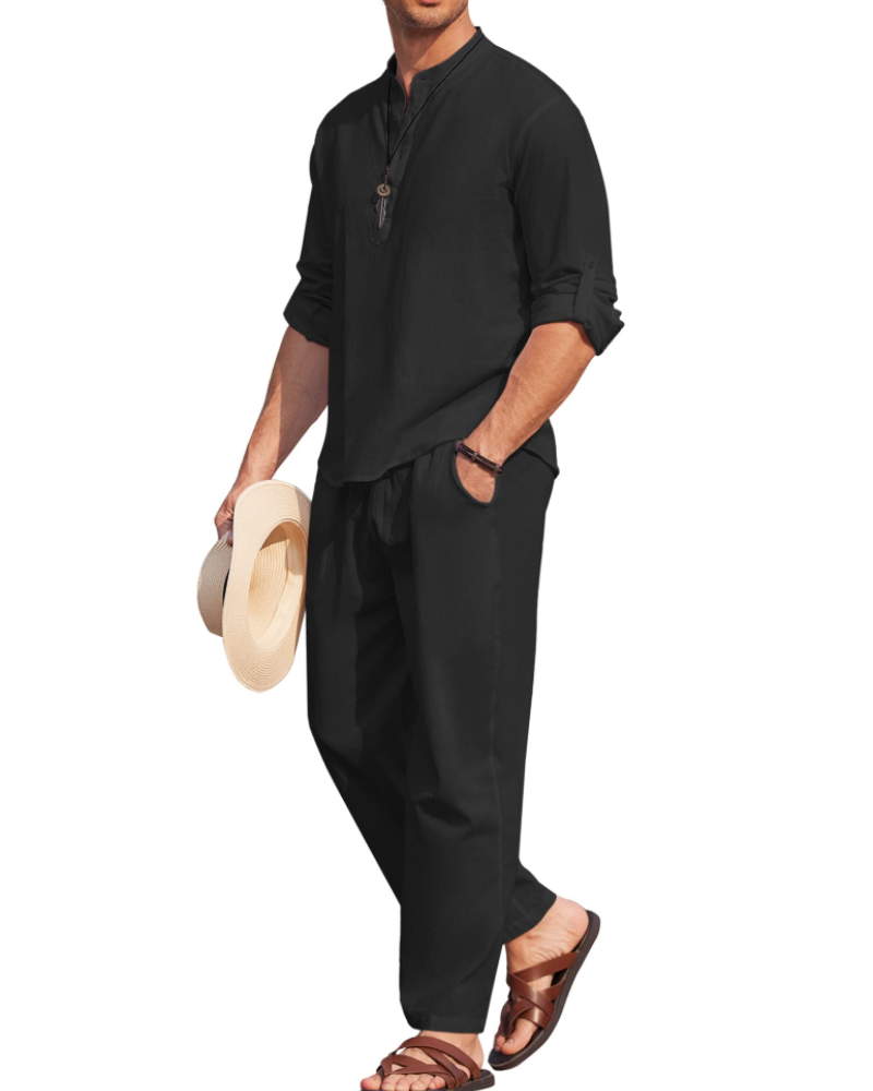 Owen Men's Henley Shirt & Trousers Set – Cotton Blend Casual Summer Co-Ord
