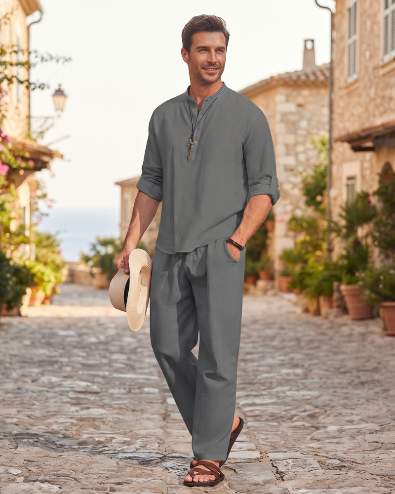 Owen Men's Henley Shirt & Trousers Set – Cotton Blend Casual Summer Co-Ord