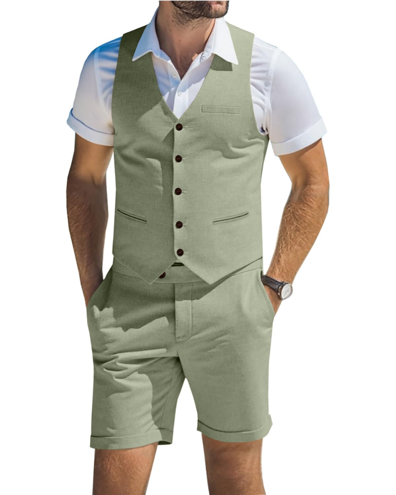 Alistair Men's Linen Blend Waistcoat & Shorts Set – V Neck Summer Suit