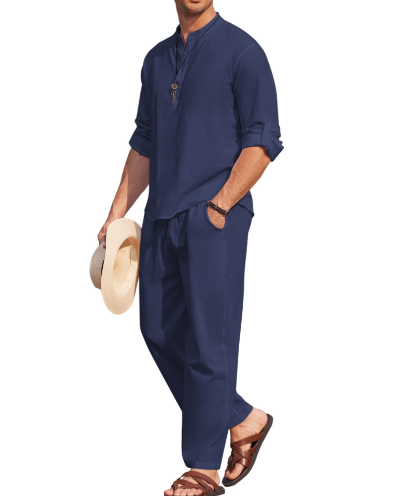 Owen Men's Henley Shirt & Trousers Set – Cotton Blend Casual Summer Co-Ord