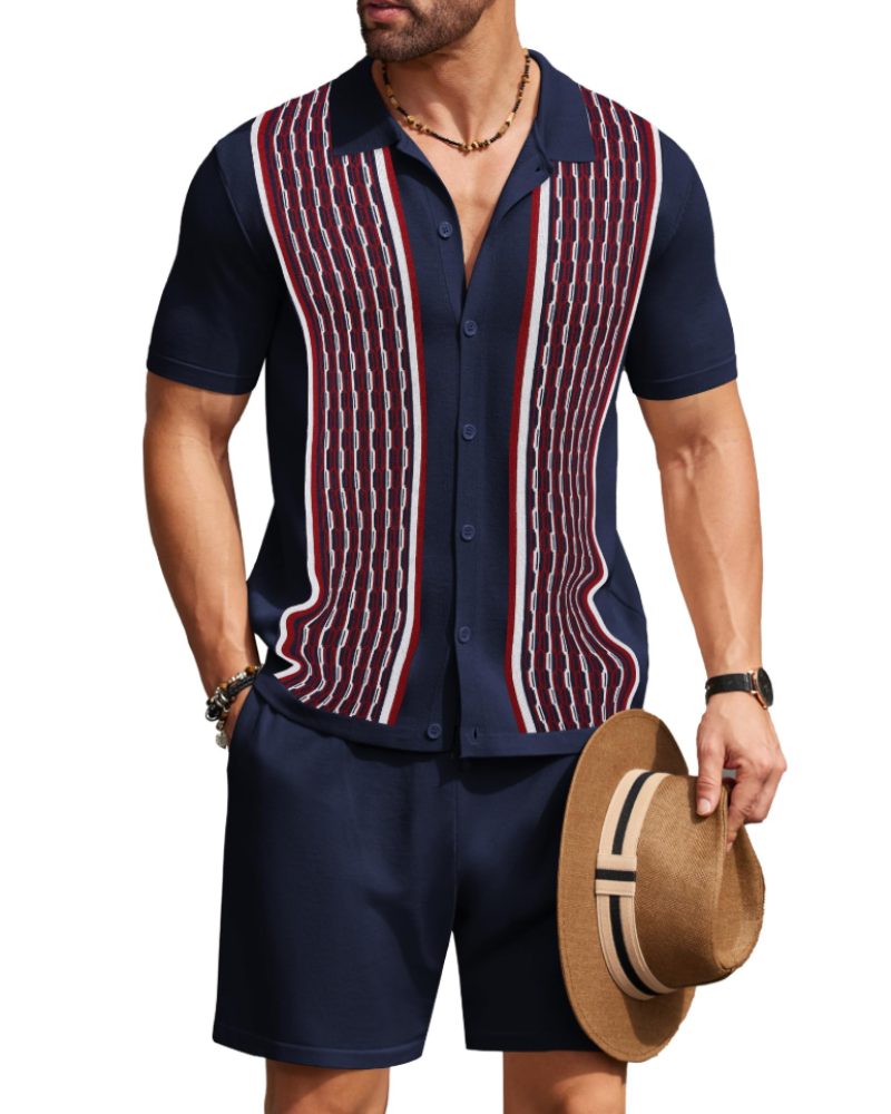 Euan Men's Knitted Shirt & Shorts Set – Textured Button Front Summer Co-Ord