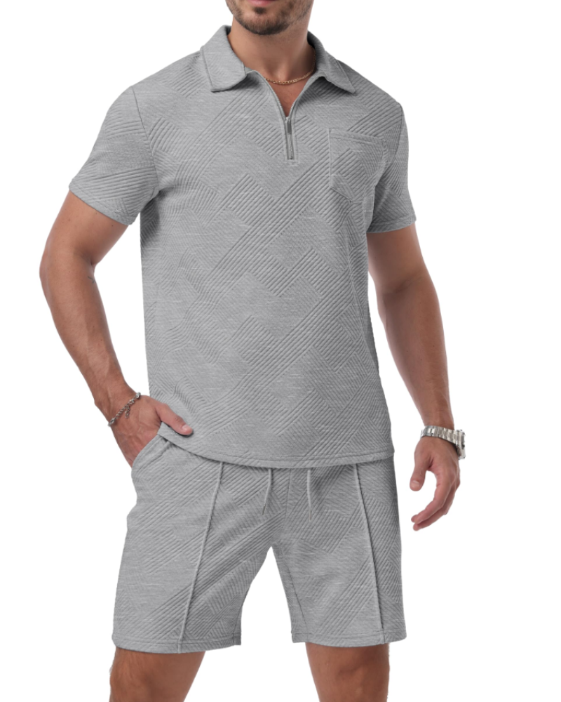 Spencer Men's Jacquard Polo & Shorts Set – Quarter Zip Casual Summer Co-Ord