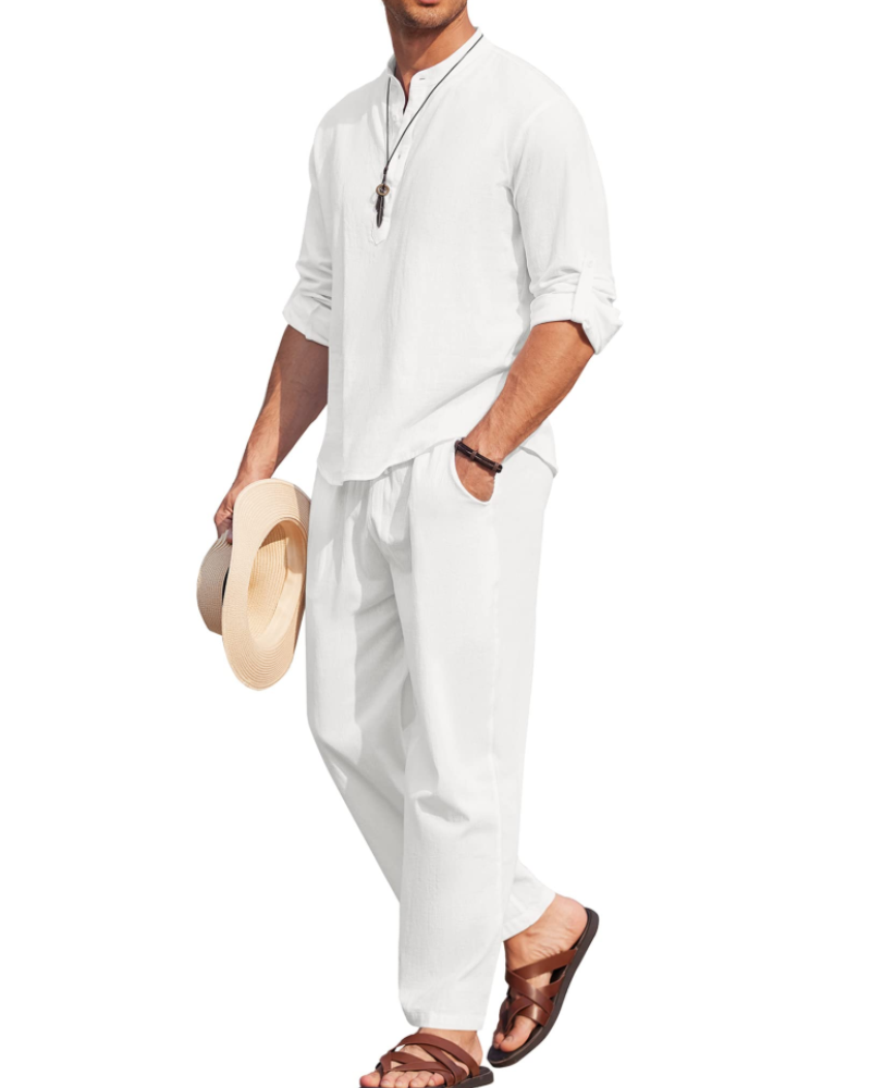 Owen Men's Henley Shirt & Trousers Set – Cotton Blend Casual Summer Co-Ord
