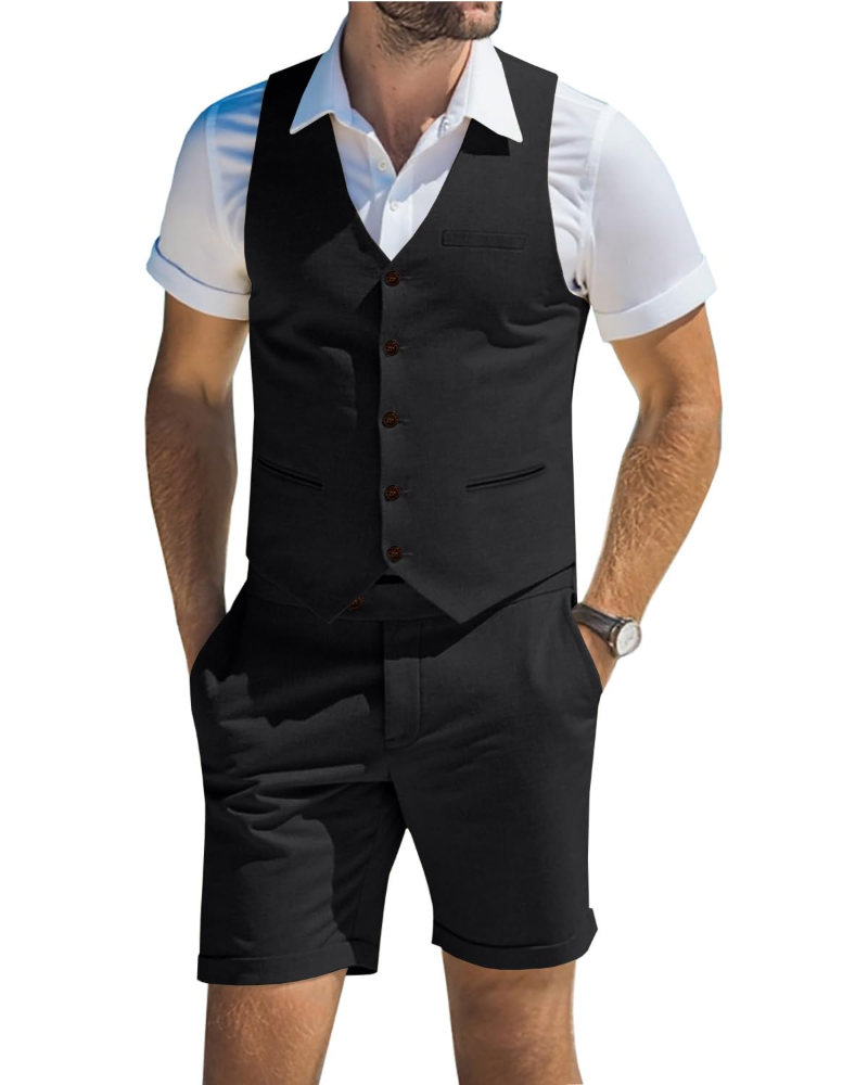 Alistair Men's Linen Blend Waistcoat & Shorts Set – V Neck Summer Suit