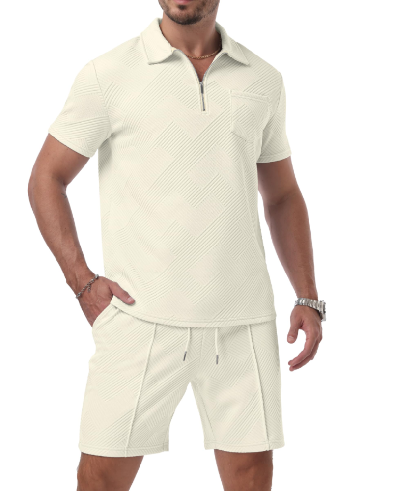 Spencer Men's Jacquard Polo & Shorts Set – Quarter Zip Casual Summer Co-Ord