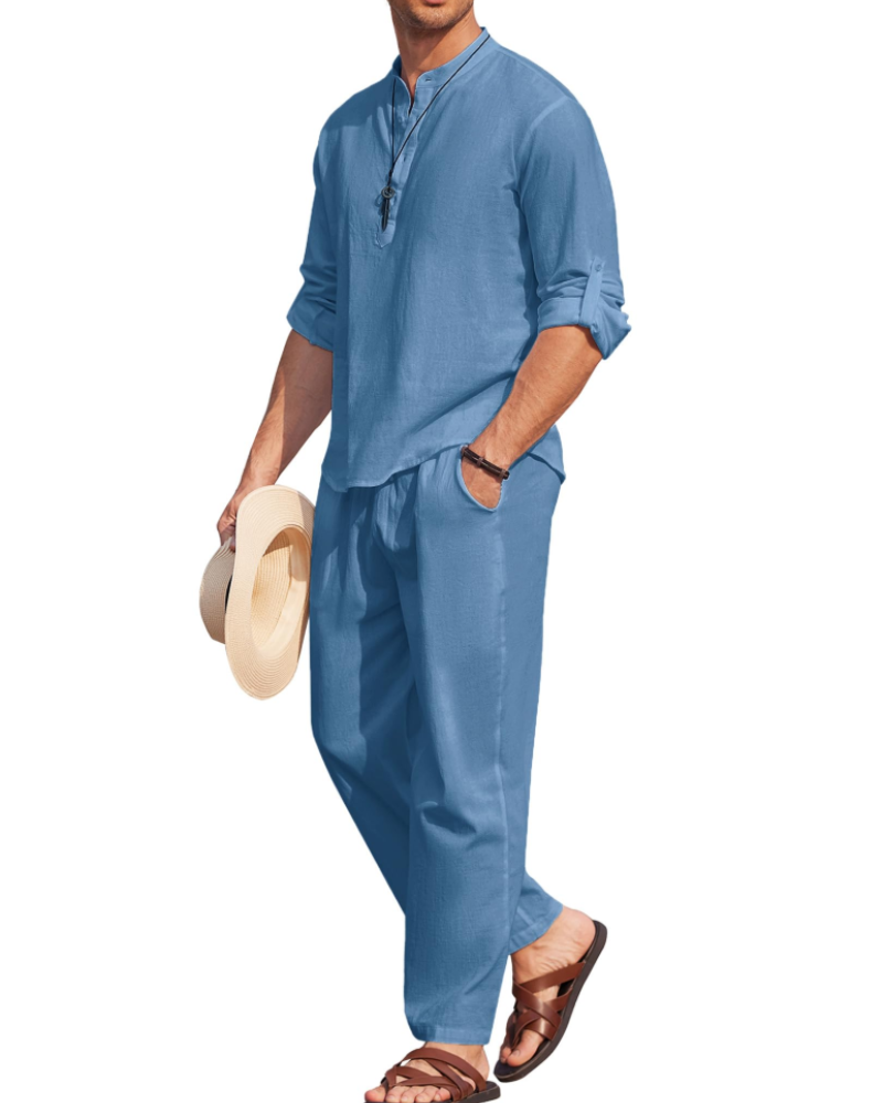 Owen Men's Henley Shirt & Trousers Set – Cotton Blend Casual Summer Co-Ord