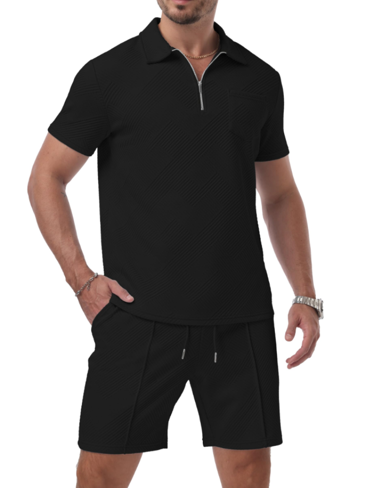 Spencer Men's Jacquard Polo & Shorts Set – Quarter Zip Casual Summer Co-Ord