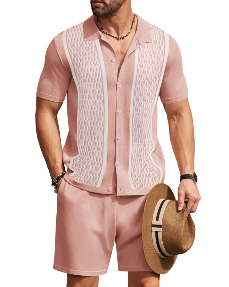 Euan Men's Knitted Shirt & Shorts Set – Textured Button Front Summer Co-Ord