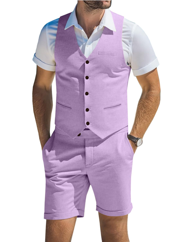 Alistair Men's Linen Blend Waistcoat & Shorts Set – V Neck Summer Suit