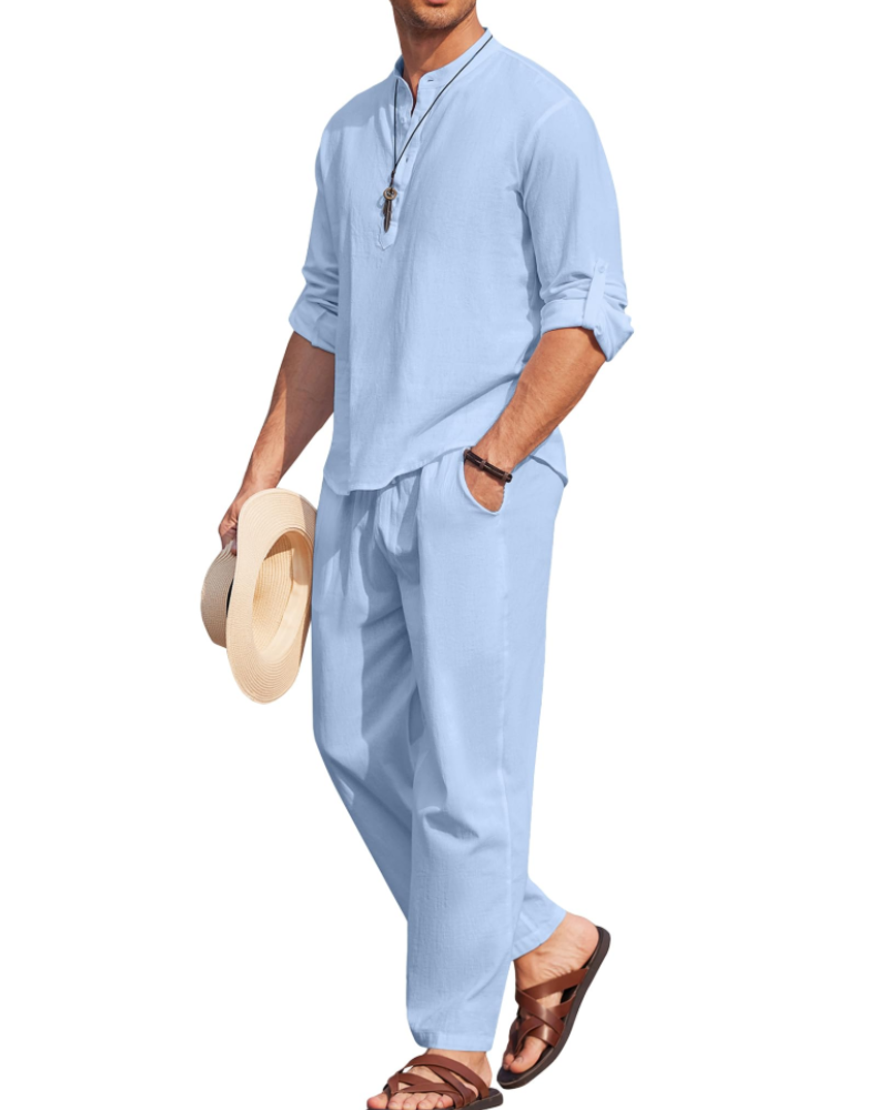 Owen Men's Henley Shirt & Trousers Set – Cotton Blend Casual Summer Co-Ord