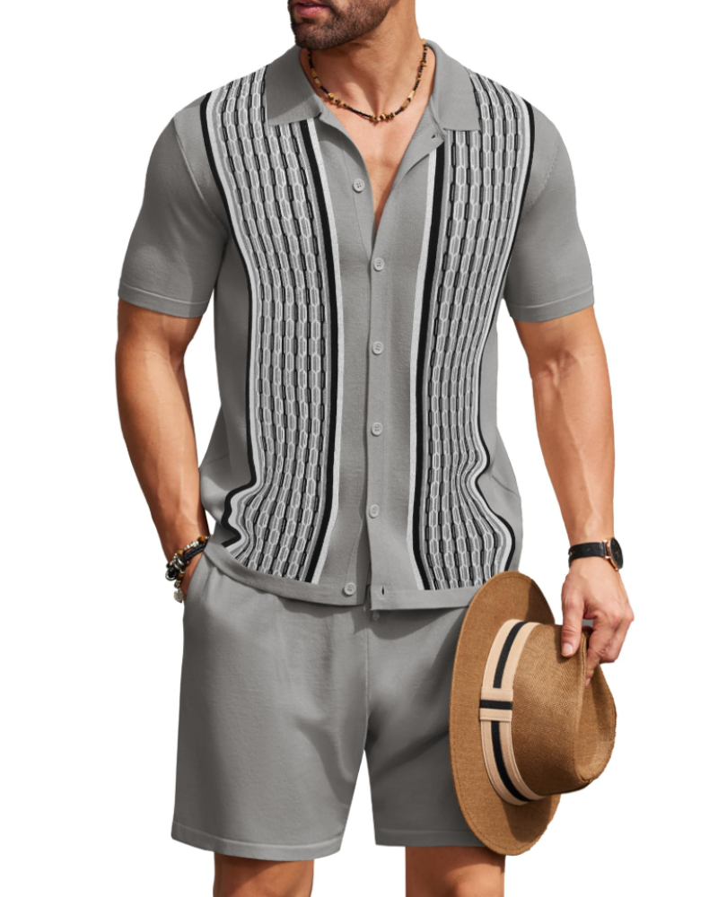Euan Men's Knitted Shirt & Shorts Set – Textured Button Front Summer Co-Ord