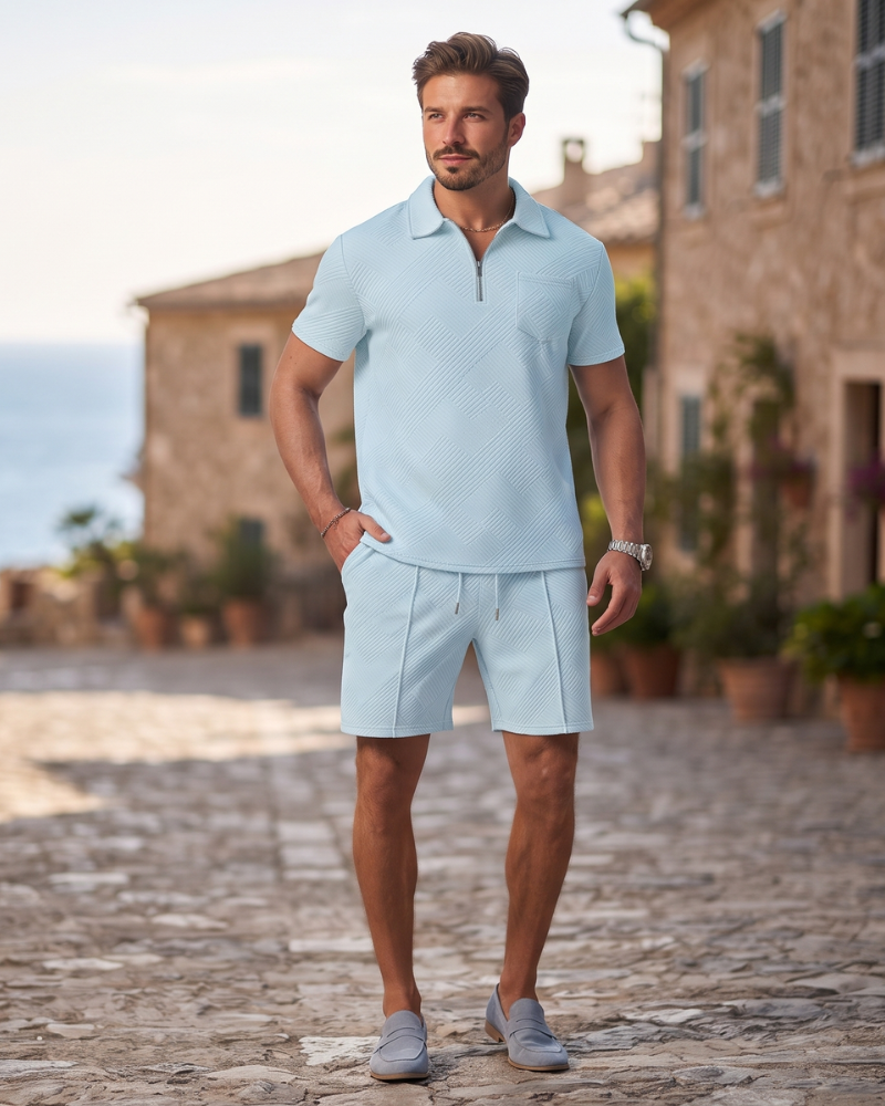 Spencer Men's Jacquard Polo & Shorts Set – Quarter Zip Casual Summer Co-Ord