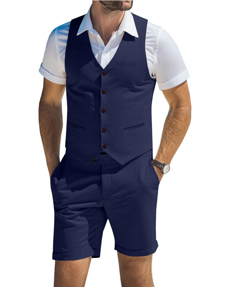 Alistair Men's Linen Blend Waistcoat & Shorts Set – V Neck Summer Suit