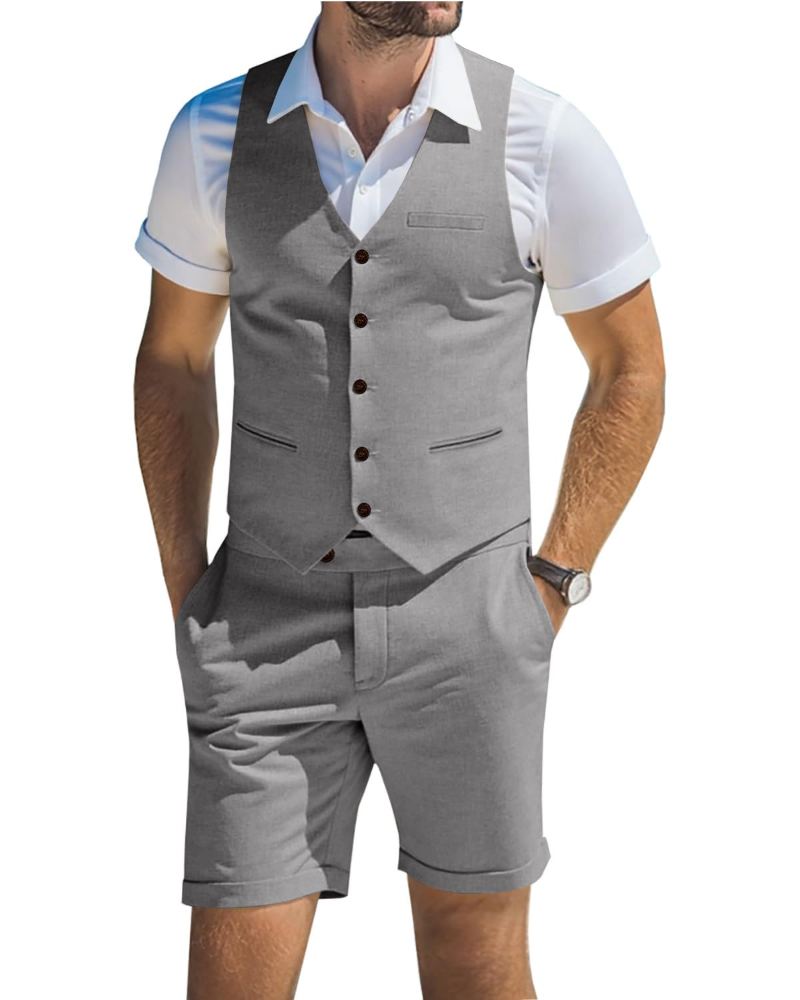 Alistair Men's Linen Blend Waistcoat & Shorts Set – V Neck Summer Suit