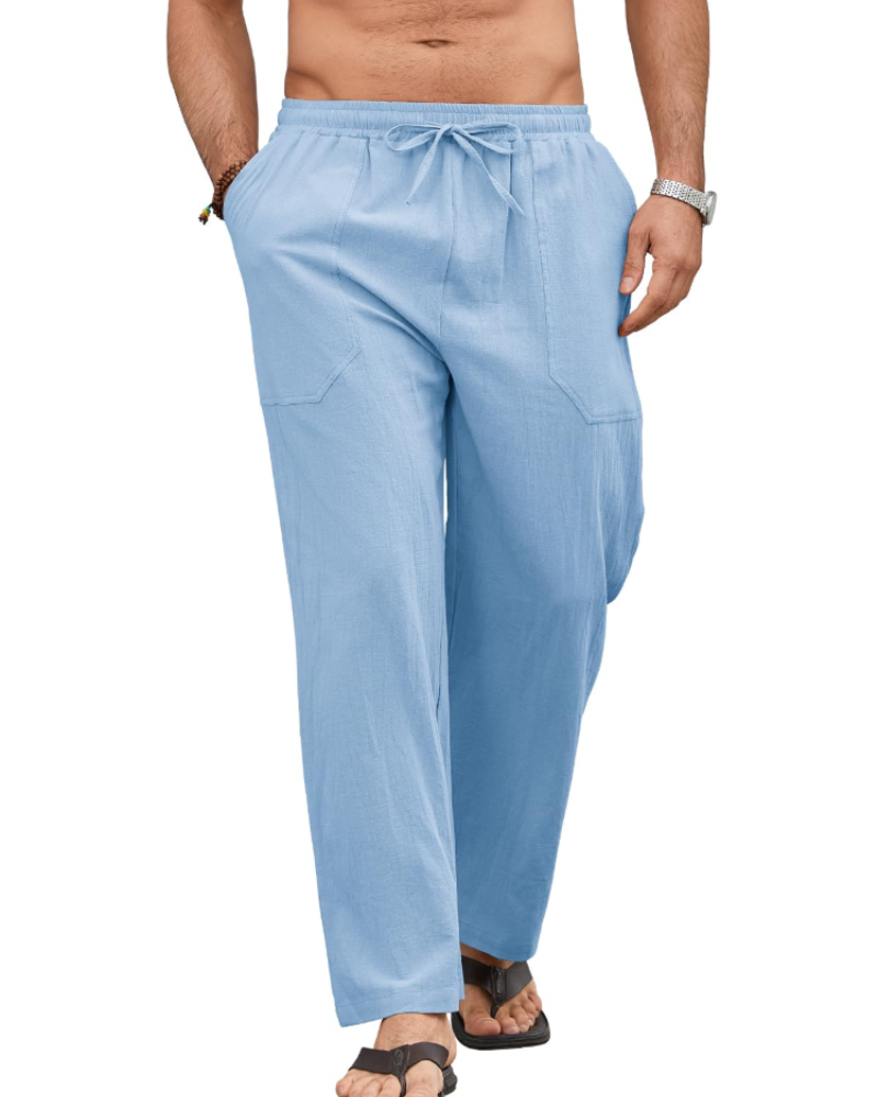 Brennan Men's Cotton Linen Drawstring Trousers – Elastic Waist Casual Summer Pants