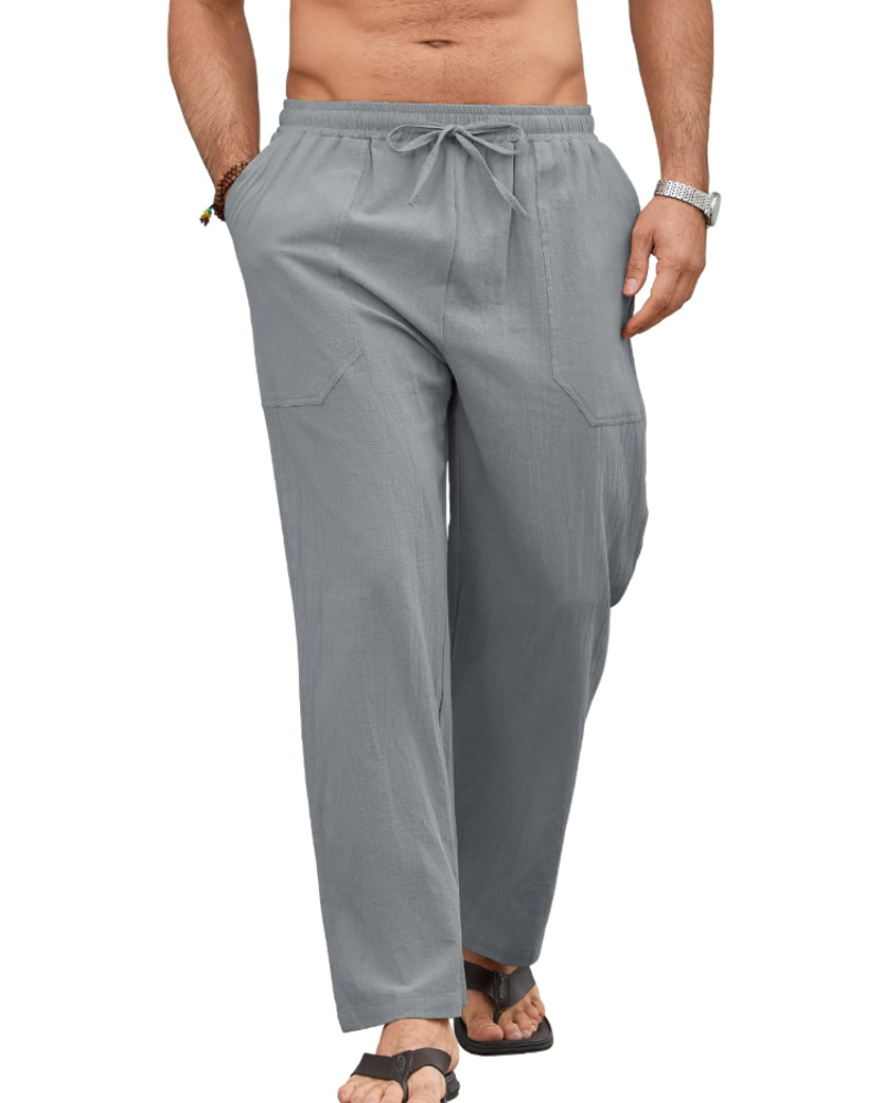 Brennan Men's Cotton Linen Drawstring Trousers – Elastic Waist Casual Summer Pants