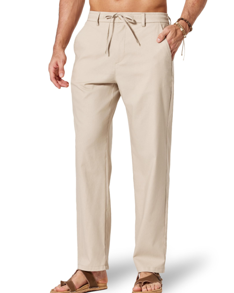 Gareth Men's Cotton Linen Drawstring Trousers – Elastic Waist Casual Summer Pants