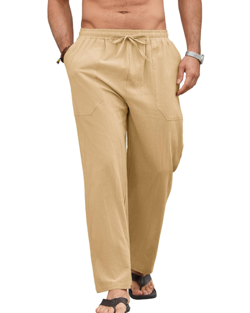 Brennan Men's Cotton Linen Drawstring Trousers – Elastic Waist Casual Summer Pants