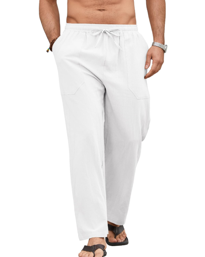 Brennan Men's Cotton Linen Drawstring Trousers – Elastic Waist Casual Summer Pants
