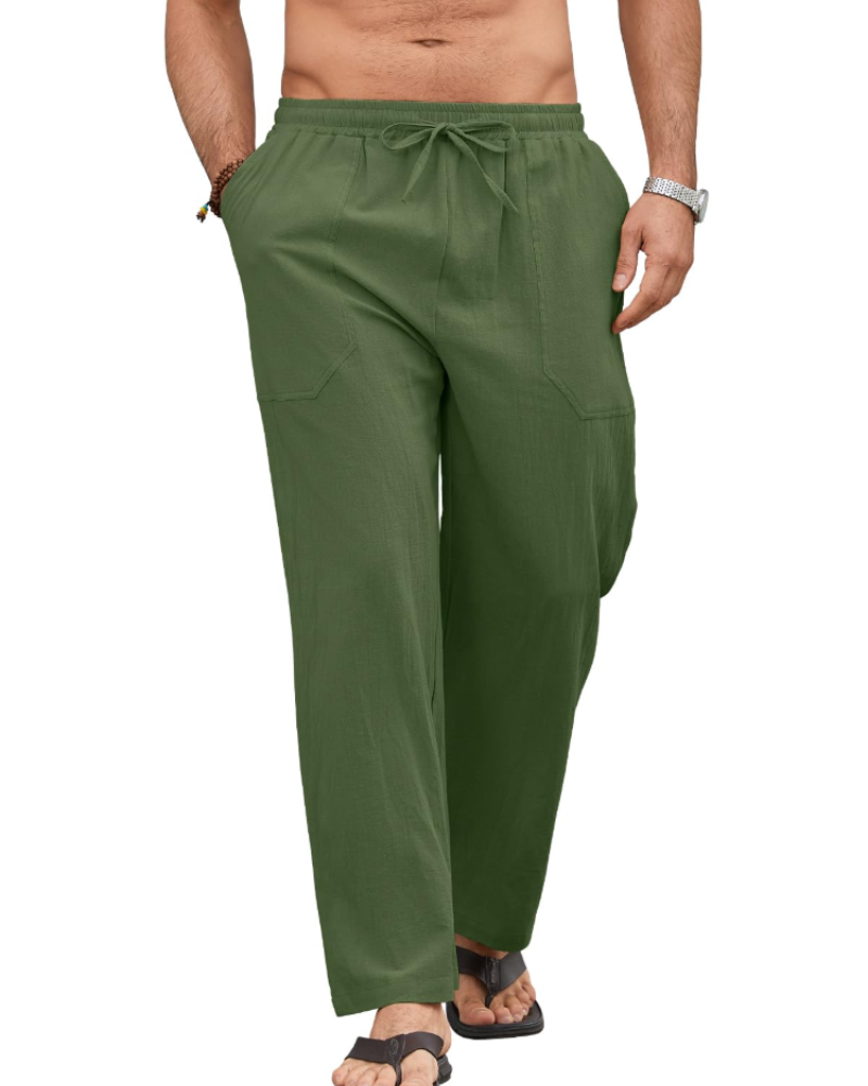 Brennan Men's Cotton Linen Drawstring Trousers – Elastic Waist Casual Summer Pants