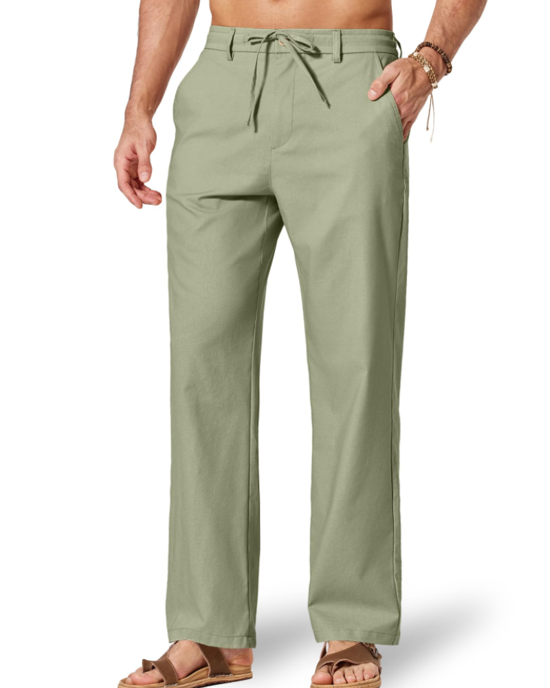 Gareth Men's Cotton Linen Drawstring Trousers – Elastic Waist Casual Summer Pants