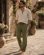 Garrett Men's Cotton Linen Trousers – Drawstring Loose Fit Straight Leg Casual Pants