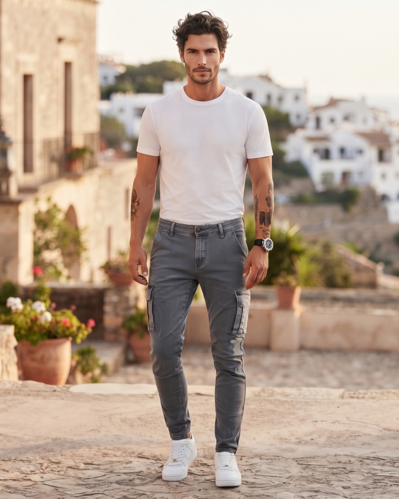 Declan Men's Stretch Cargo Jeans – Slim Fit Denim Utility Trousers with Pockets